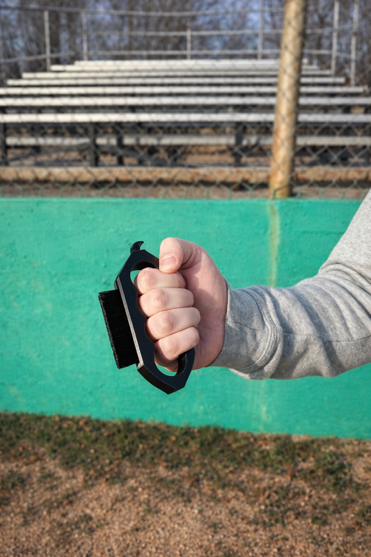 Close-up of a hand holding a black boot-cleaning tool with a brush and pointed edge at an outdoor sports field.